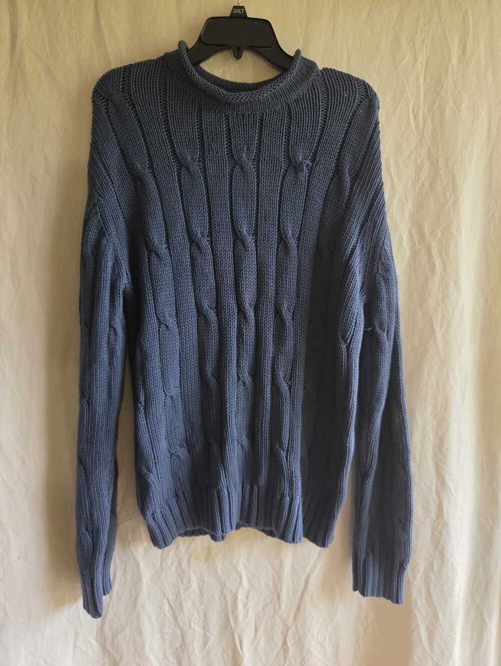 Lands End Sweater Mens S Blue Knit Cotton Rolled Neck Fisherman Pullover Cozy